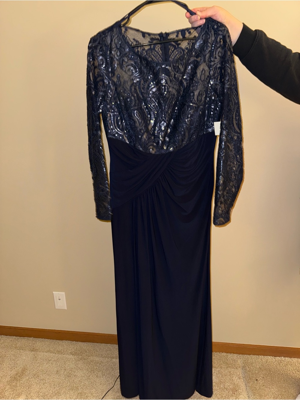 Eliza J Navy Long Sleeve Sequin Lace Evening Gown